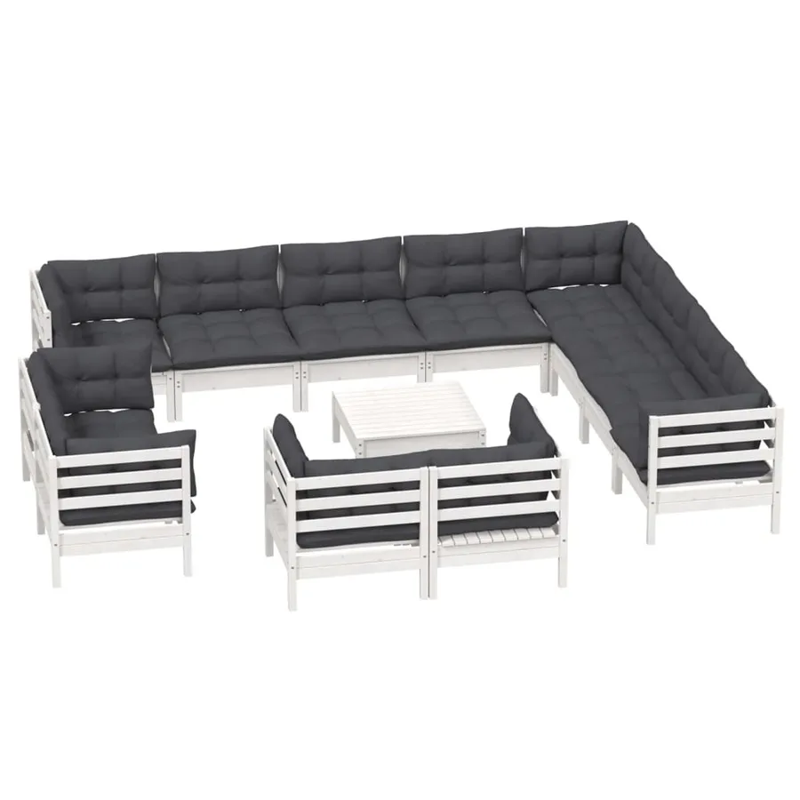 Salon de jardin 13 pcs avec coussins blanc bois de pin solide - 3
