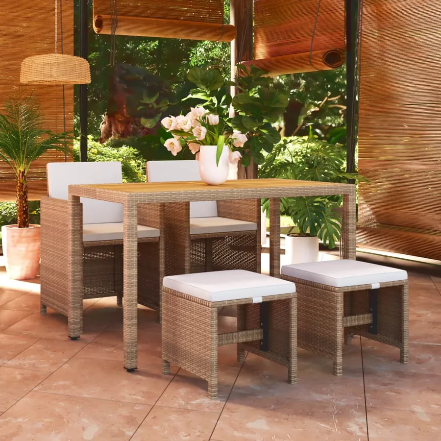 Ensemble à manger de jardin et coussins 5 pcs Poly rotin Beige
