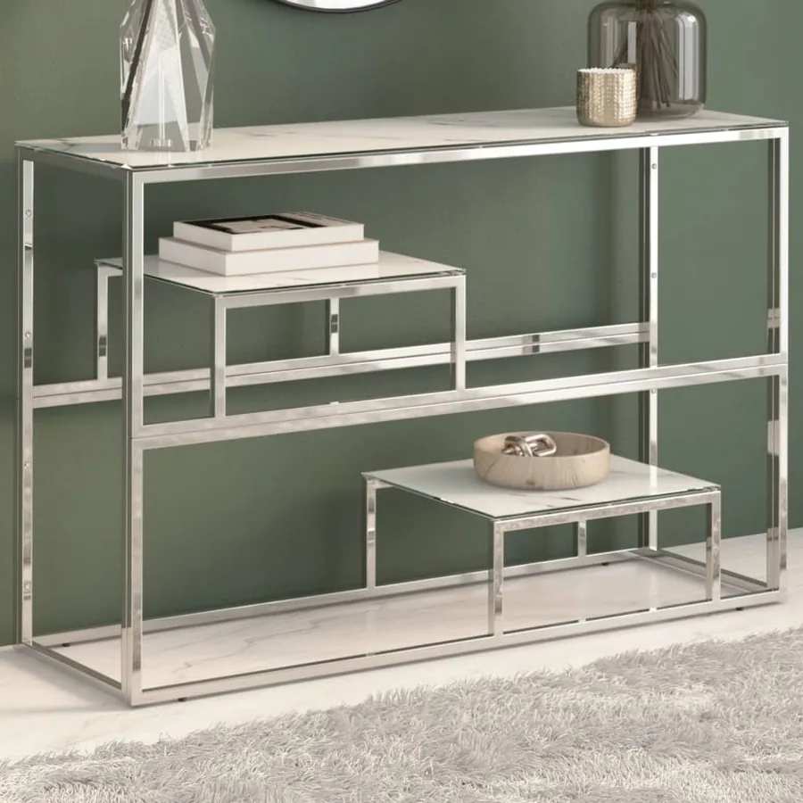 Table console argenté acier inoxydable et verre trempé