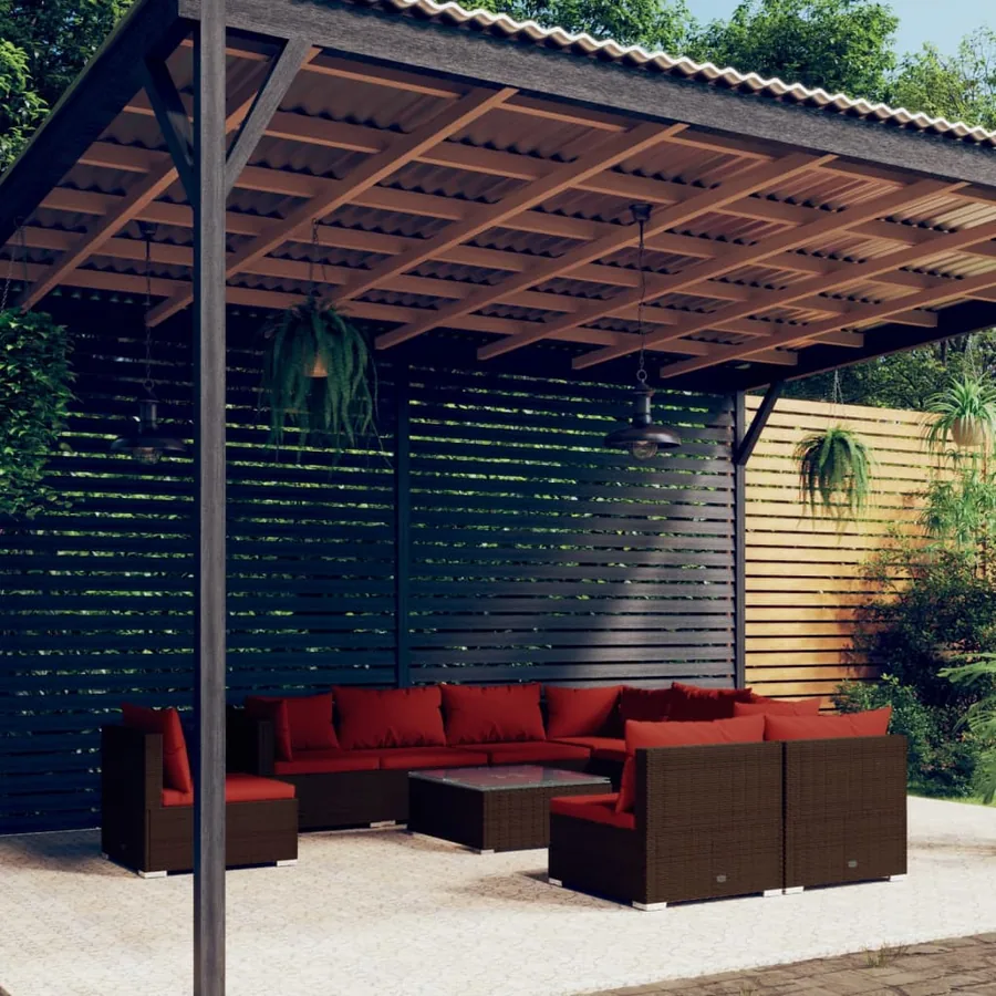 Salon de jardin 10 pcs avec coussins Résine tressée Marron