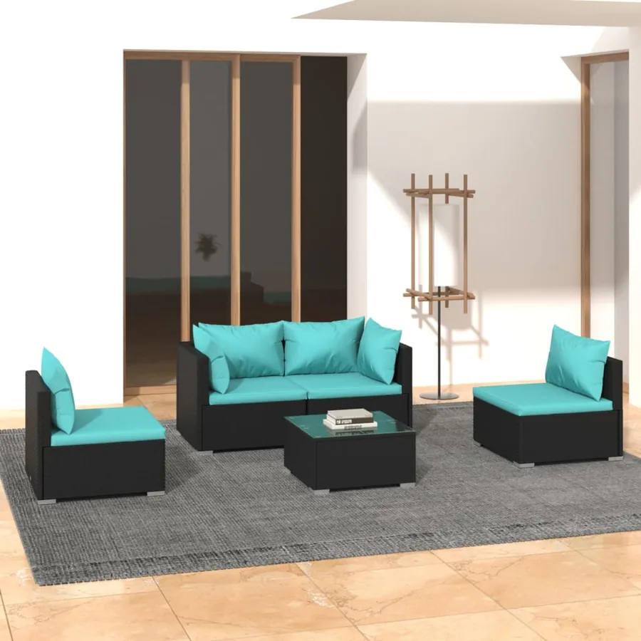 Salon de jardin 5 pcs avec coussins Résine tressée Noir