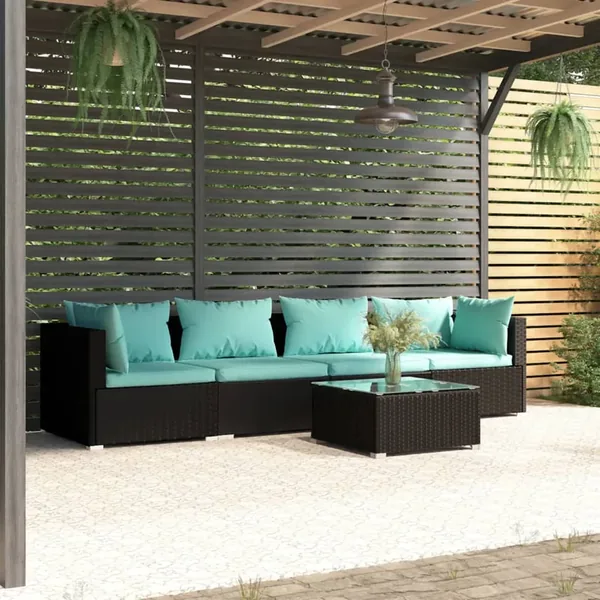 Salon de jardin 5 pcs avec coussins résine tressée noir