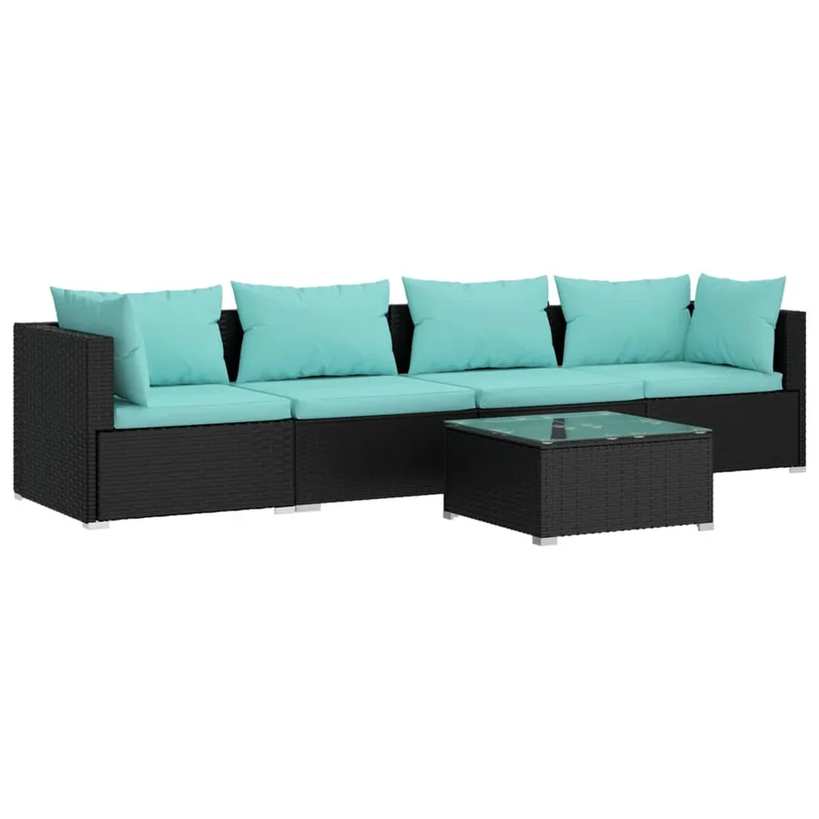 Salon de jardin 5 pcs avec coussins résine tressée noir - 2