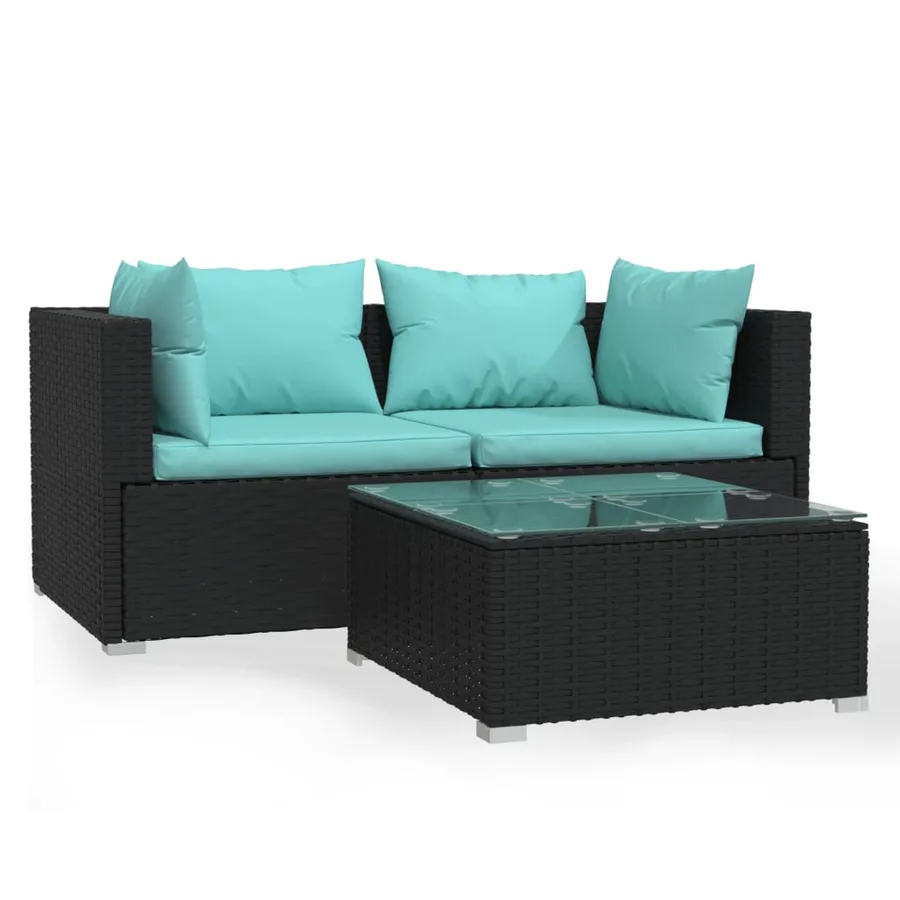 Salon de jardin 3 pcs avec coussins Noir Résine tressée - 2