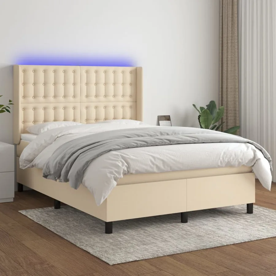 Sommier à lattes de lit matelas et LED Crème 140x190 cm Tissu