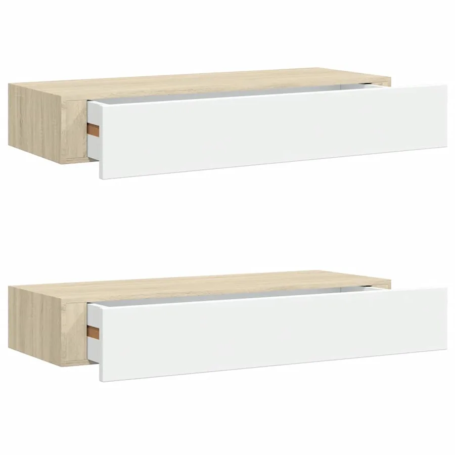 Étagères murales à tiroirs 2 pièces Chêne et blanc 60 x 23,5 x 10 cm MDF - 2