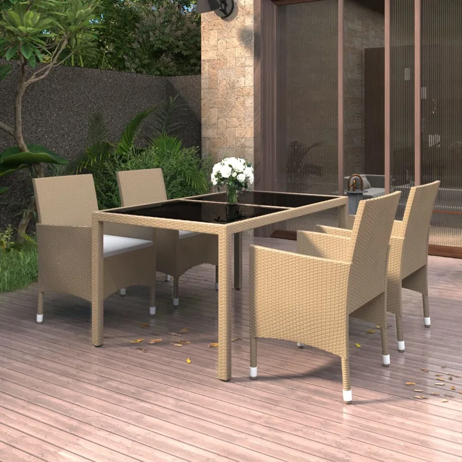 Ensemble à manger de jardin 5 pcs Rotin verre trempé Beige