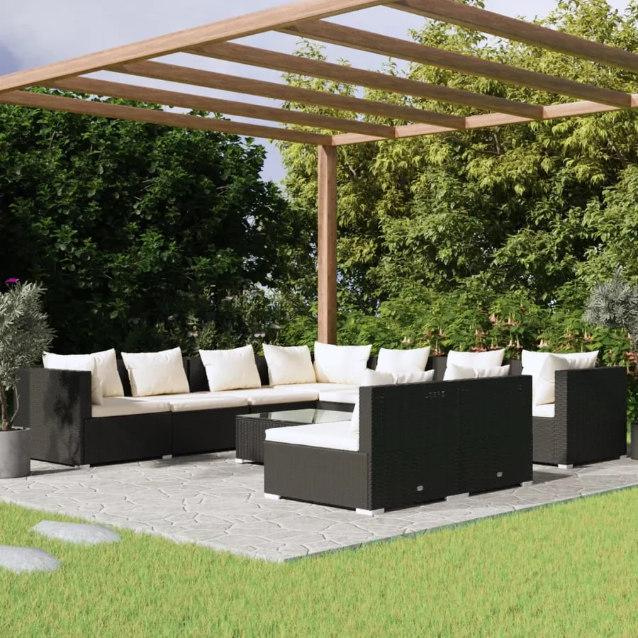 Salon de jardin 10 pcs avec coussins noir résine tressée