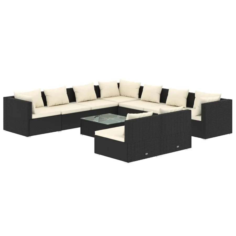 Salon de jardin 10 pcs avec coussins noir résine tressée - 2