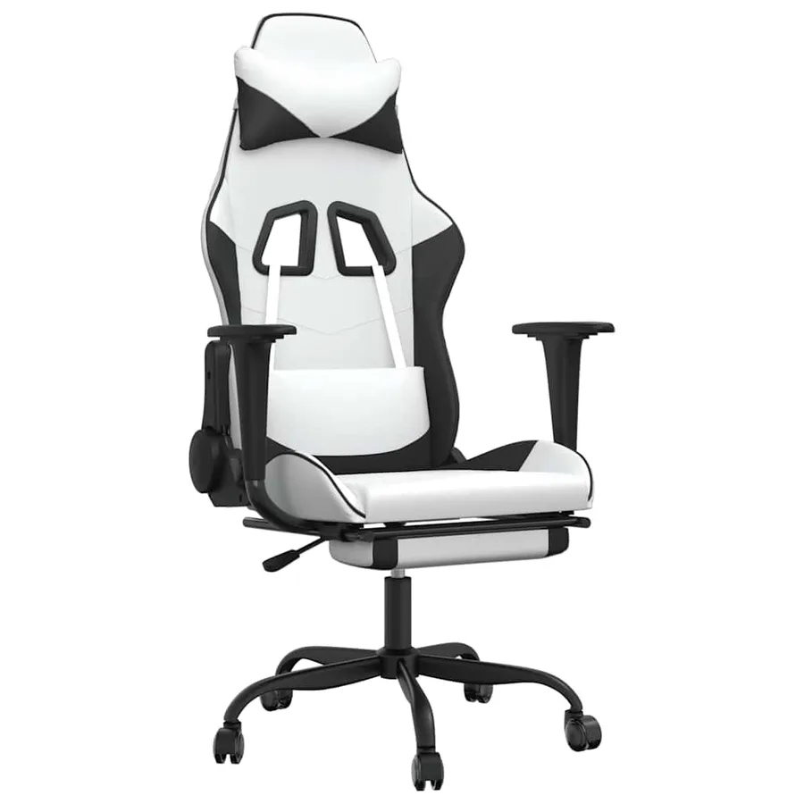 Chaise de jeu de massage avec repose-pied Blanc&Noir Similicuir - 2