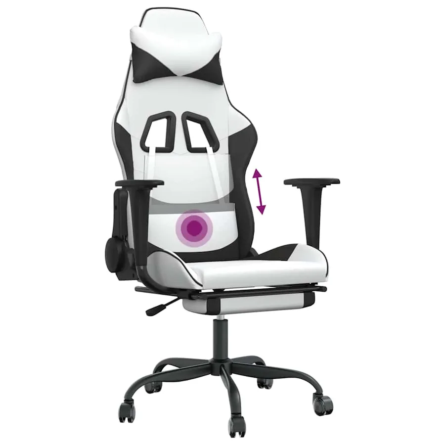 Chaise de jeu de massage avec repose-pied Blanc&Noir Similicuir - 8