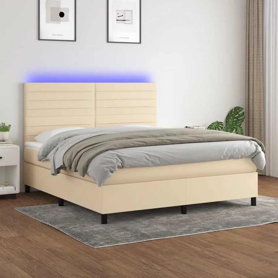 Sommier à lattes de lit et matelas et LED Crème 160x200cm Tissu