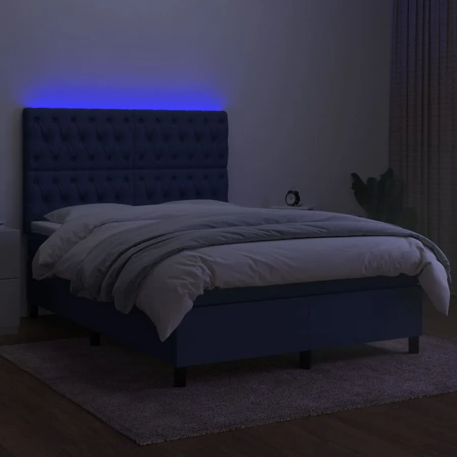 Sommier à lattes de lit et matelas et LED Bleu 140x190 cm Tissu - 4