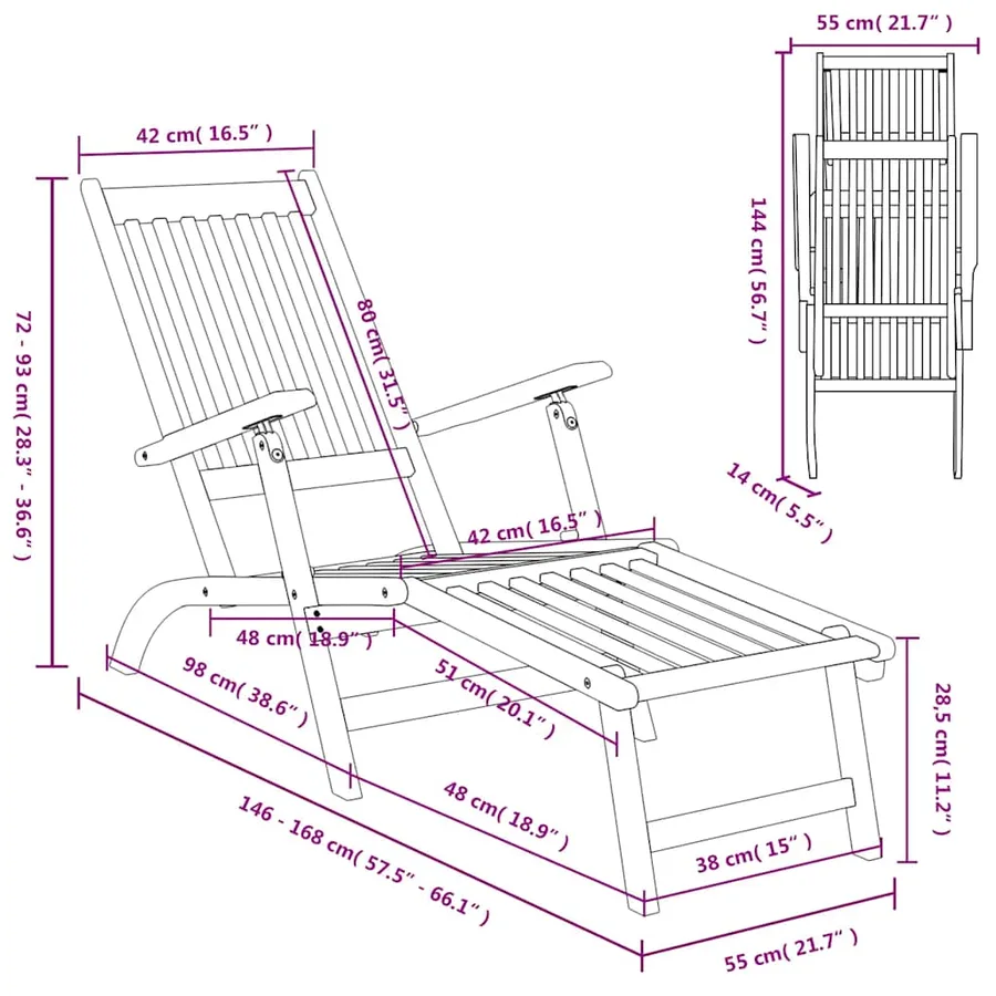 Chaise longue d'extérieur repose-pieds et table Acacia solide - 11