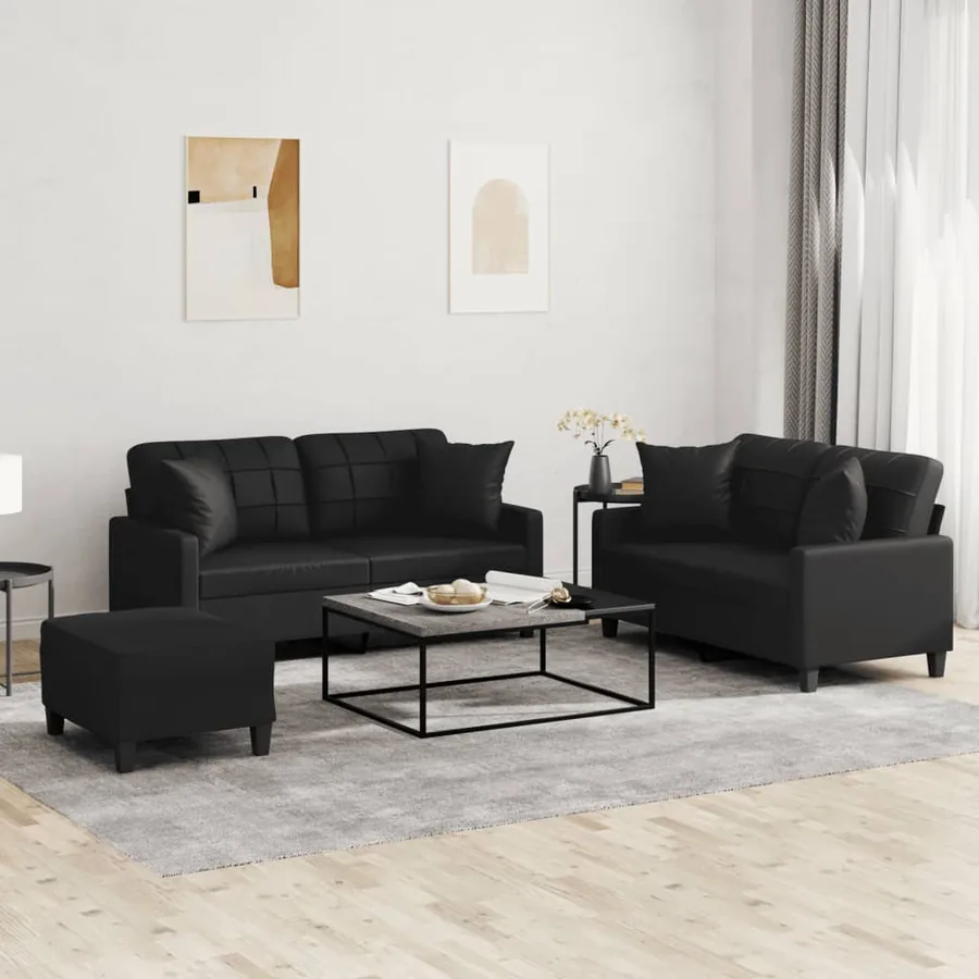 Ensemble de canapés 3 pcs avec coussins noir similicuir