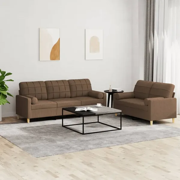Ensemble de canapés 2 pcs avec coussins marron tissu