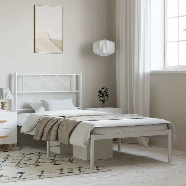 Cadre de lit métal sans matelas et tête de lit blanc 100x200 cm