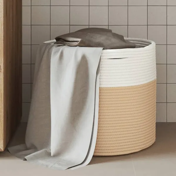 Panier de rangement beige et blanc Ø40x35 cm coton