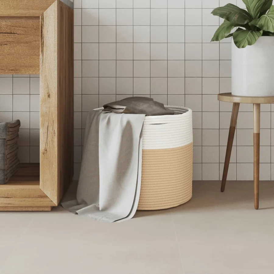 Panier de rangement beige et blanc Ø40x35 cm coton - 3