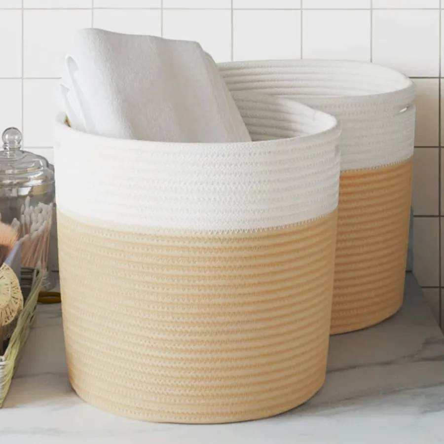 Paniers de rangement 2 pcs beige et blanc Ø28x28 cm coton