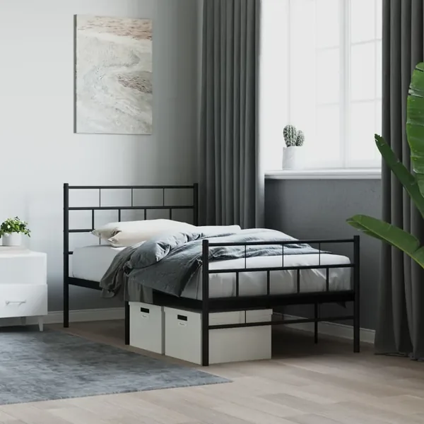 Cadre de lit métal sans matelas avec pied de lit noir 90x190 cm