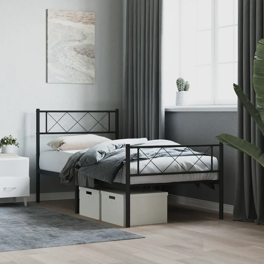 Cadre de lit métal sans matelas avec pied de lit noir 75x190 cm