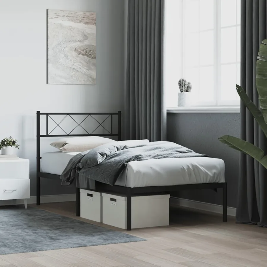 Cadre de lit métal sans matelas avec tête de lit noir 90x200 cm