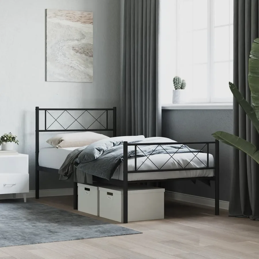 Cadre de lit métal sans matelas avec pied de lit noir 107x203cm