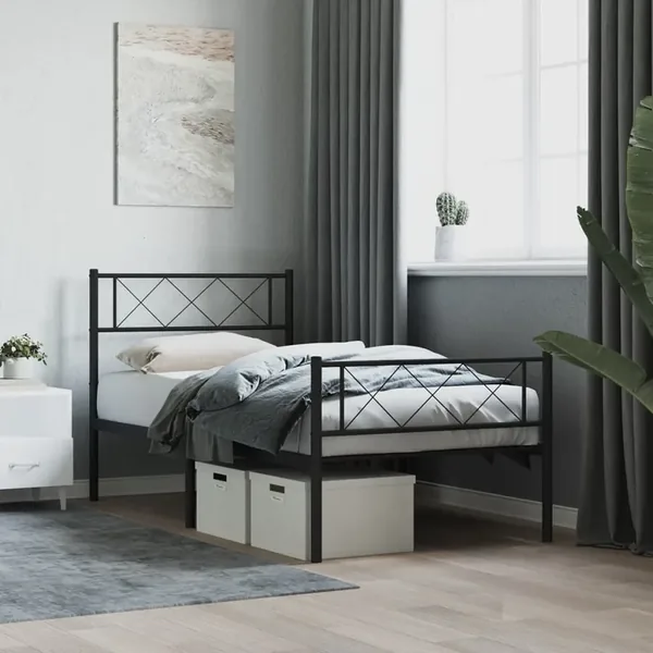 Cadre de lit métal sans matelas avec pied de lit noir 107x203cm
