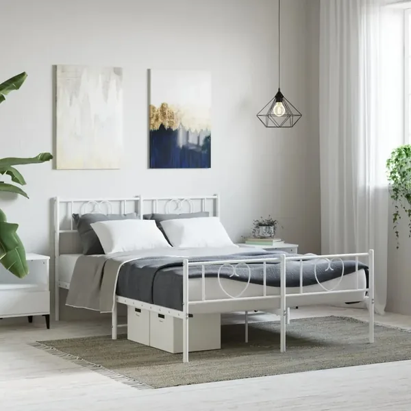 Cadre de lit métal sans matelas et pied de lit blanc 140x190 cm