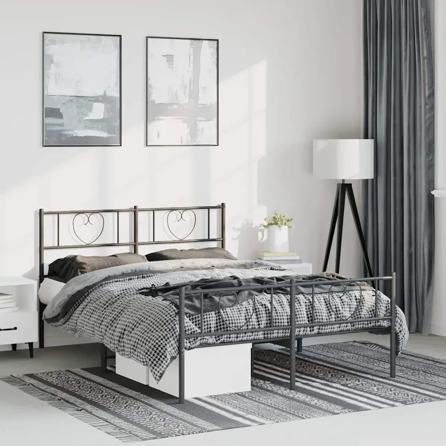 Cadre de lit métal sans matelas avec pied de lit noir 135x190cm