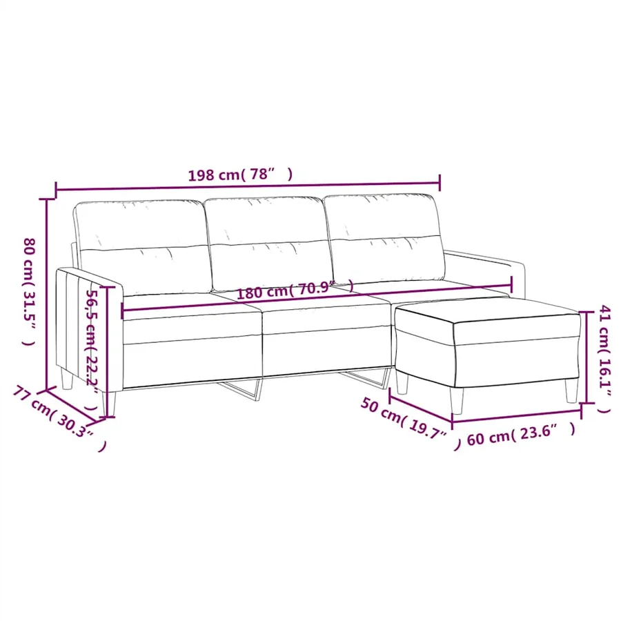 Canapé à 3 places avec repose-pieds Noir 180 cm Tissu - 7