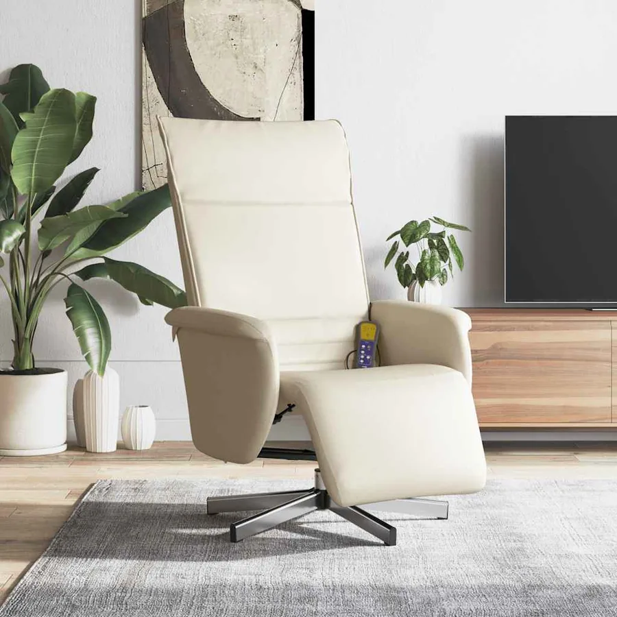 Fauteuil inclinable de massage et repose-pieds crème similicuir