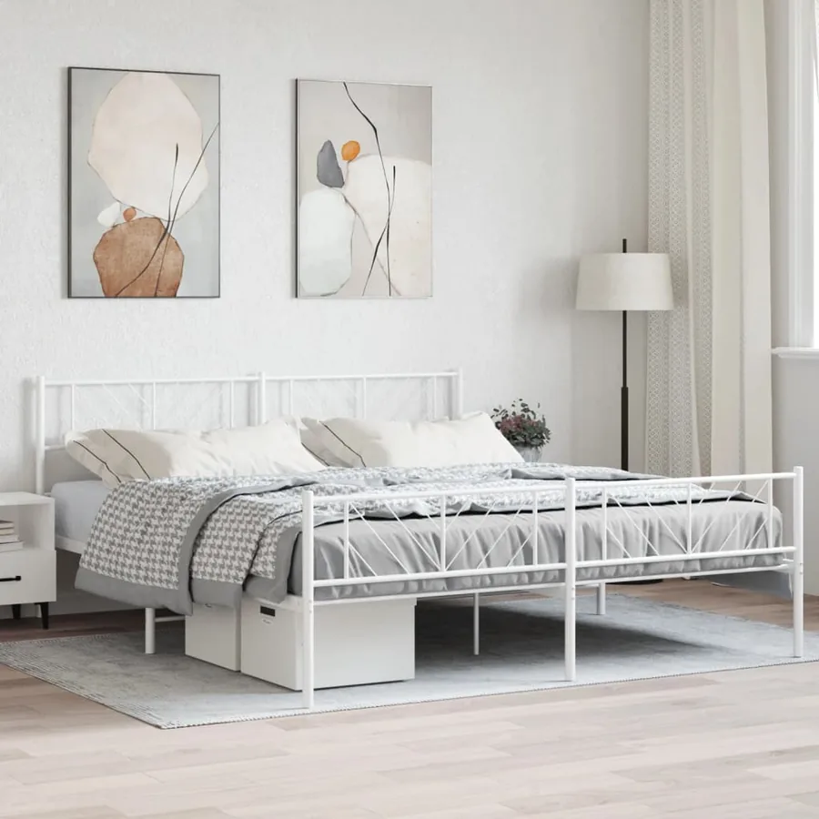 Cadre de lit métal sans matelas et pied de lit blanc 183x213 cm