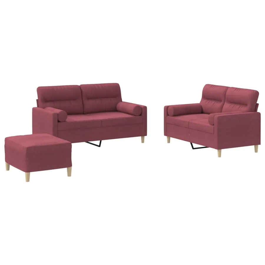 Ensemble de canapés 3 pcs avec coussins rouge bordeaux tissu - 2