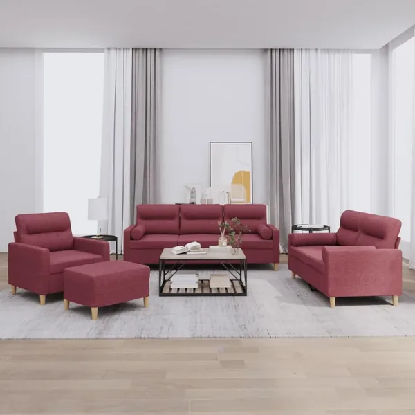 Ensemble de canapés 4 pcs avec coussins rouge bordeaux tissu