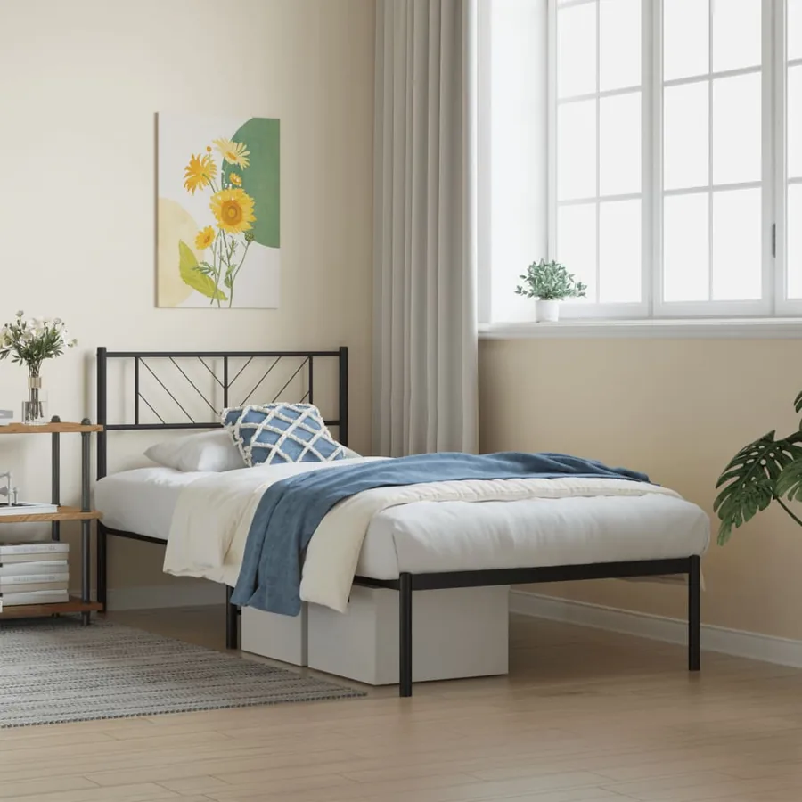 Cadre de lit métal sans matelas avec tête de lit noir 75x190 cm
