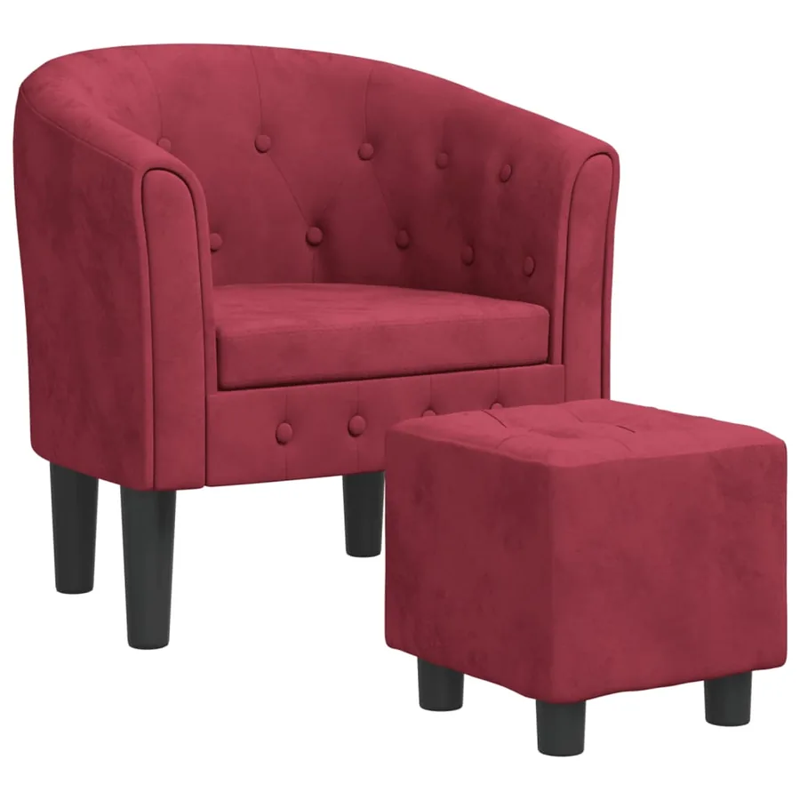 Fauteuil avec repose-pied rouge bordeaux velours - 2