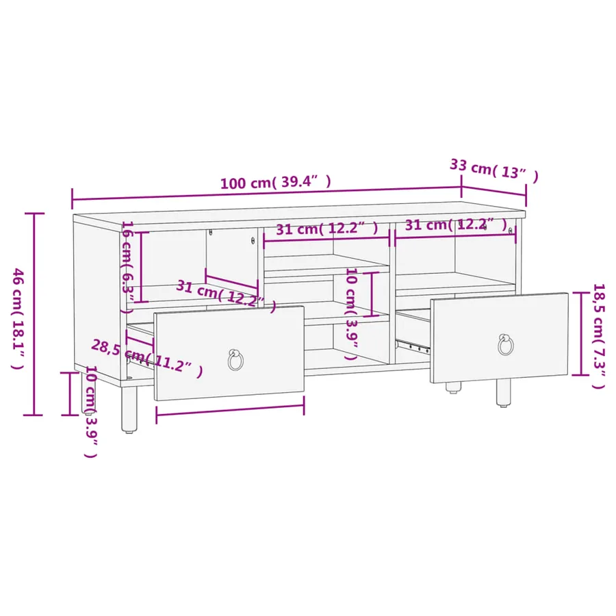Meuble TV 100x33x46 cm bois massif de manguier - 11