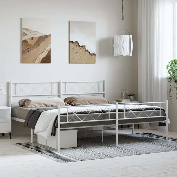 Cadre de lit métal sans matelas et pied de lit blanc 183x213 cm