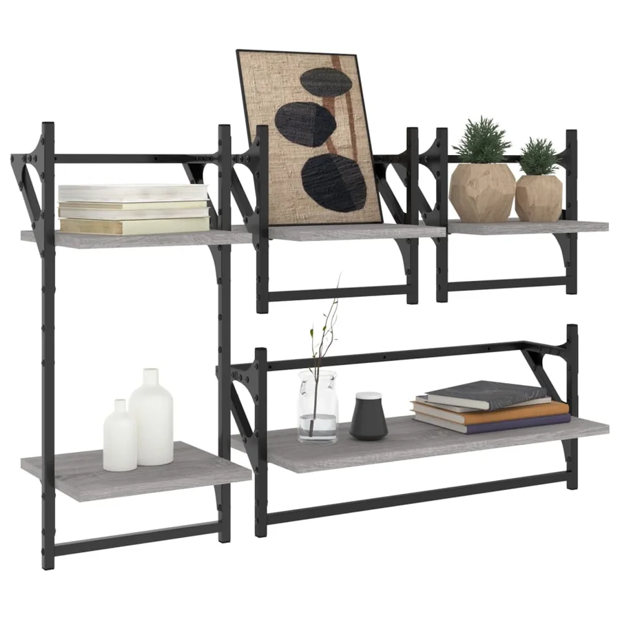 Ensemble d'étagères murales avec barres 4 pcs sonoma gris - 3
