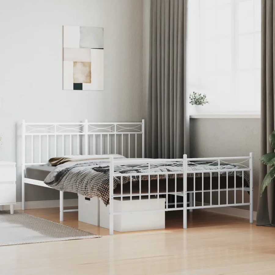 Cadre de lit métal sans matelas et pied de lit blanc 140x200 cm
