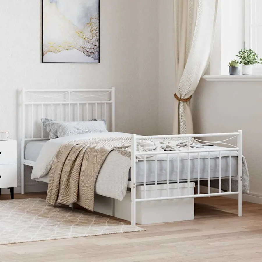 Cadre de lit métal sans matelas avec pied de lit blanc 90x190cm
