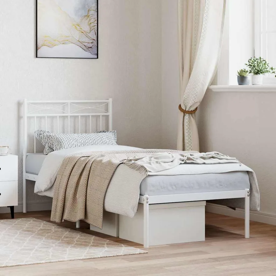 Cadre de lit métal sans matelas avec tête de lit blanc 80x200cm