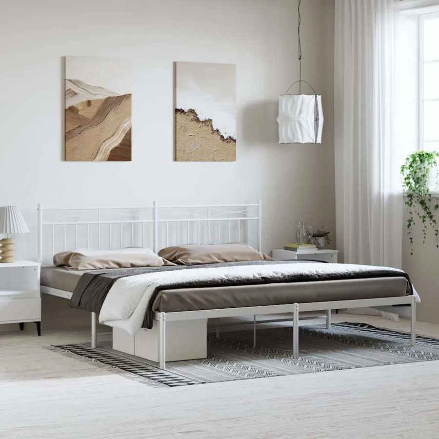 Cadre de lit métal sans matelas et tête de lit blanc 193x203 cm