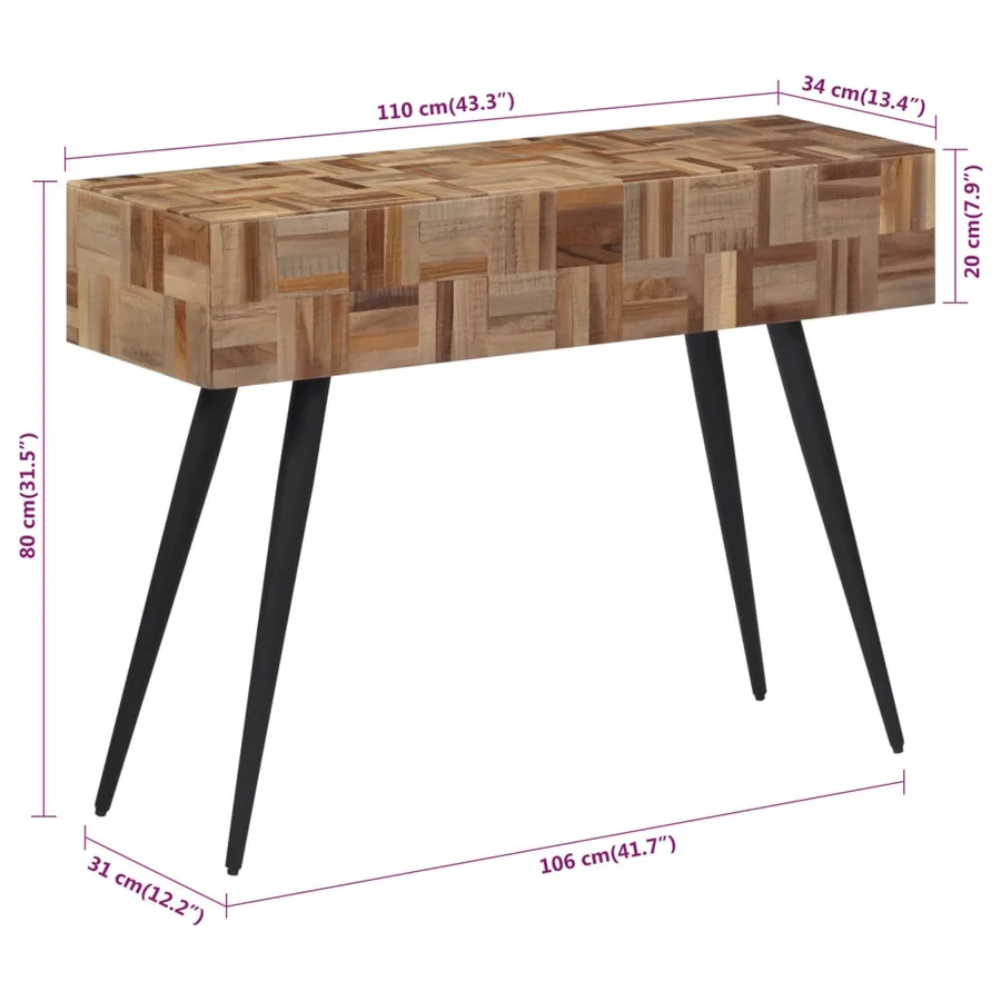 Table console 110x34x80 cm teck de récupération massif - 7