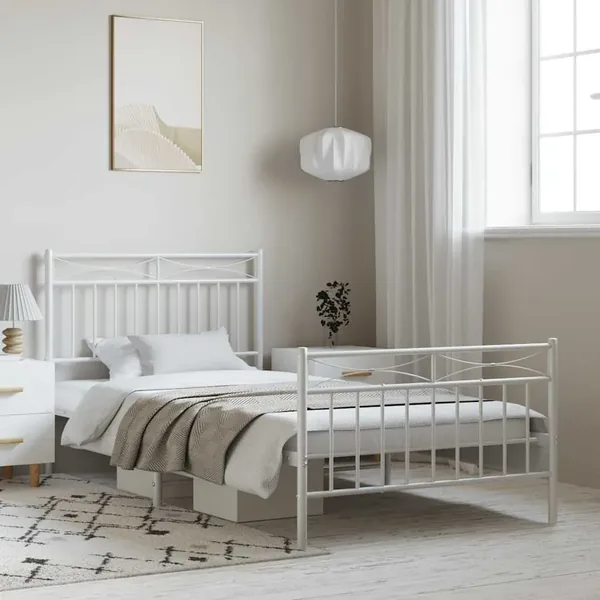Cadre de lit métal sans matelas et pied de lit blanc 100x190 cm