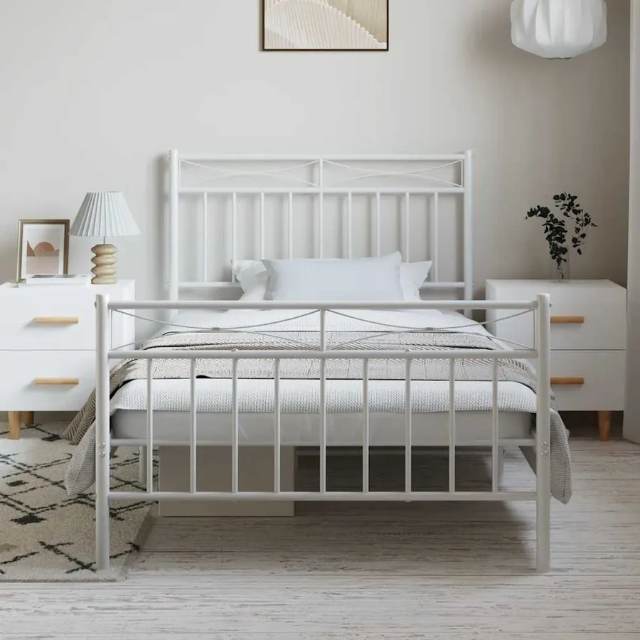 Cadre de lit métal sans matelas et pied de lit blanc 100x190 cm - 3