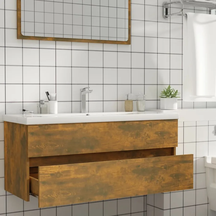Armoire de lavabo Chêne fumé 100x38,5x45 cm Bois d'ingénierie - 6