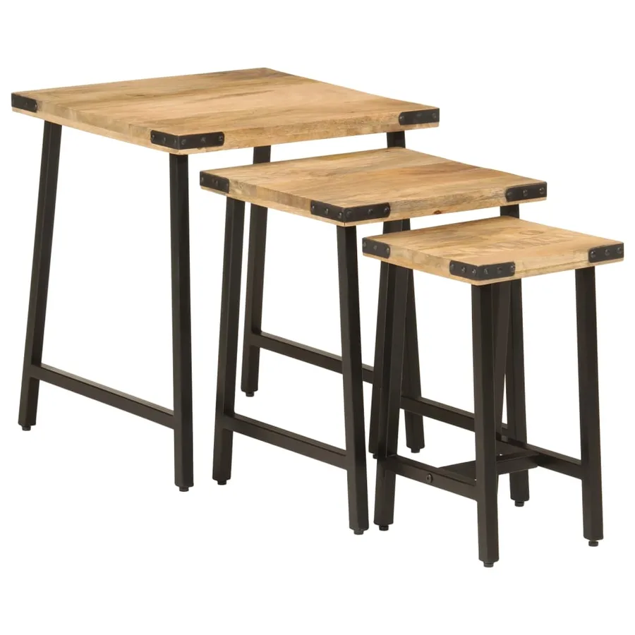 Tables basses gigognes 3 pcs bois massif de manguier et fer - 2